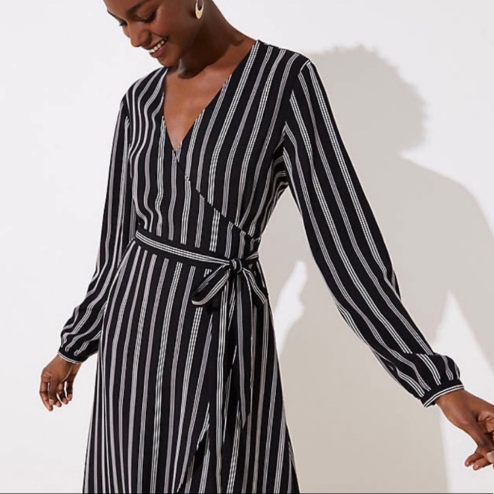 LOFT Striped Midi Black & White Wrap Dress, size S